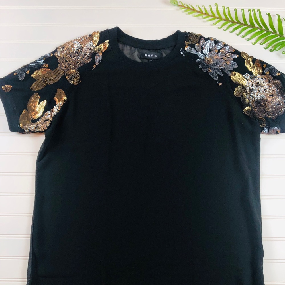 Navie sheer top with heavily sequined shoulders